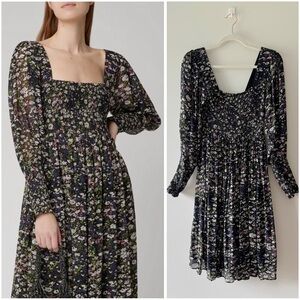 GANNI Navy Blue Floral Long Sleeve Midi Dress